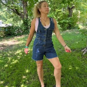 Vintage Lee denim jean shortalls cut off Frayed hem slip double buckle strap